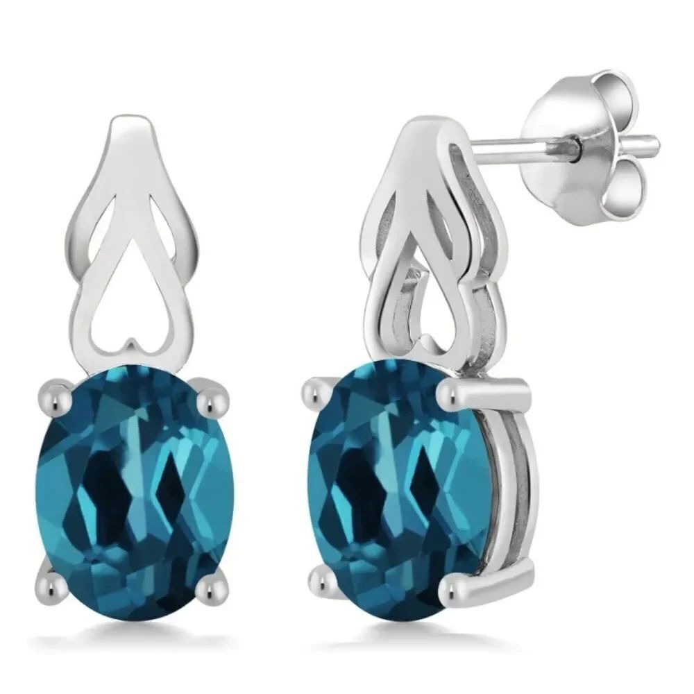 925 Sterling Silver with 3.60 Cttw London Blue Topaz Oval Post Drop Earrings